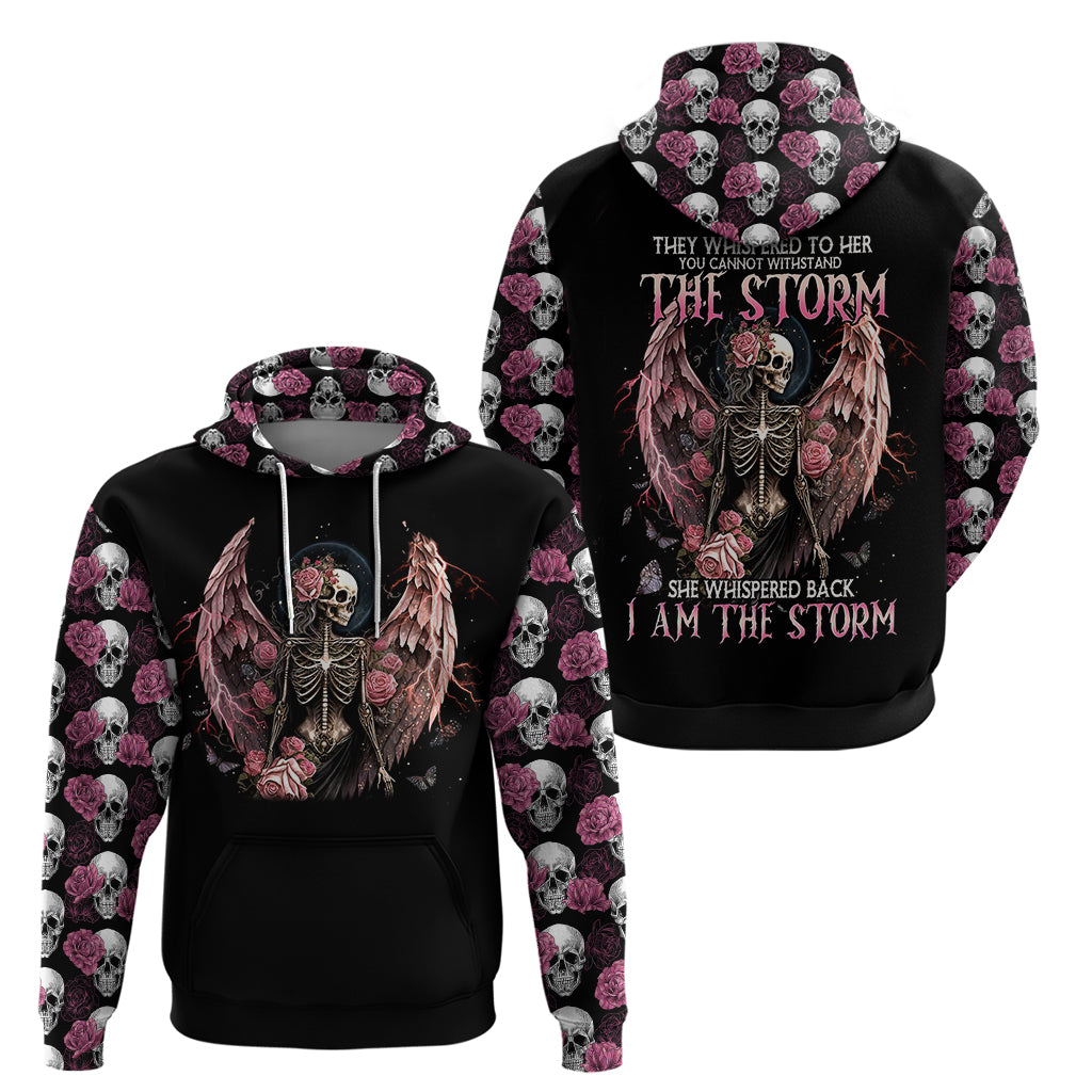 Black pullover hoodie set, front and back views with angel skeleton and roses.