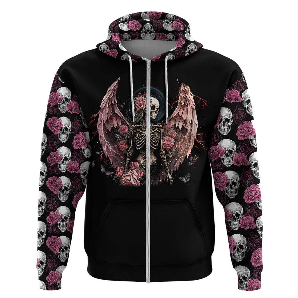 Black zip-up hoodie, front angel skeleton print, rose-skull pattern on sleeves.