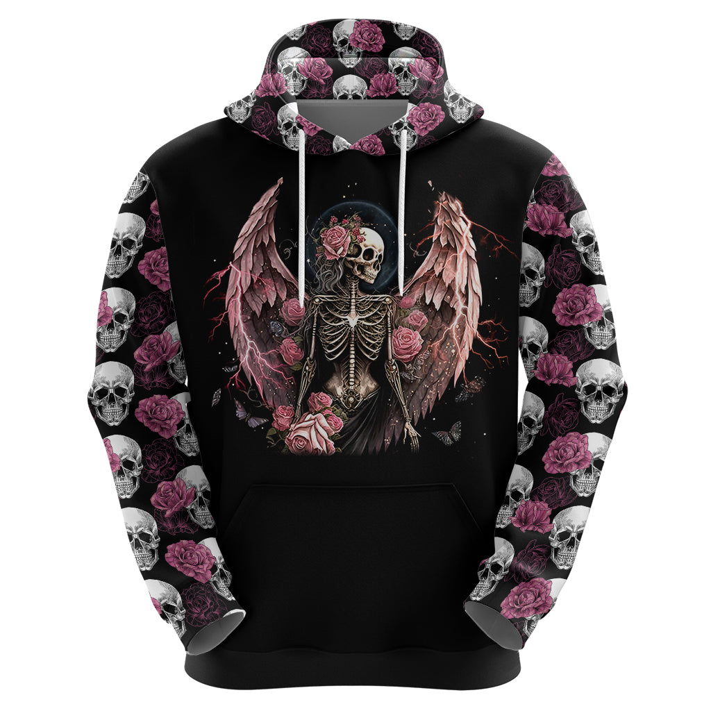 Black zip-up hoodie, back graphic of angel skeleton with roses and skulls.