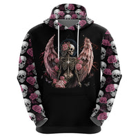 Black zip-up hoodie, back graphic of angel skeleton with roses and skulls.