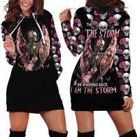 Black hoodie dress: front angel-skull & roses; back skull-rose print with 'I AM THE STORM'