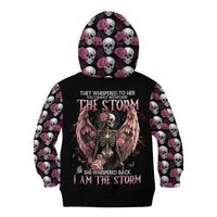 Black kid hoodie with hood, pink rose-and-skull pattern sleeves, angel skull back graphic.