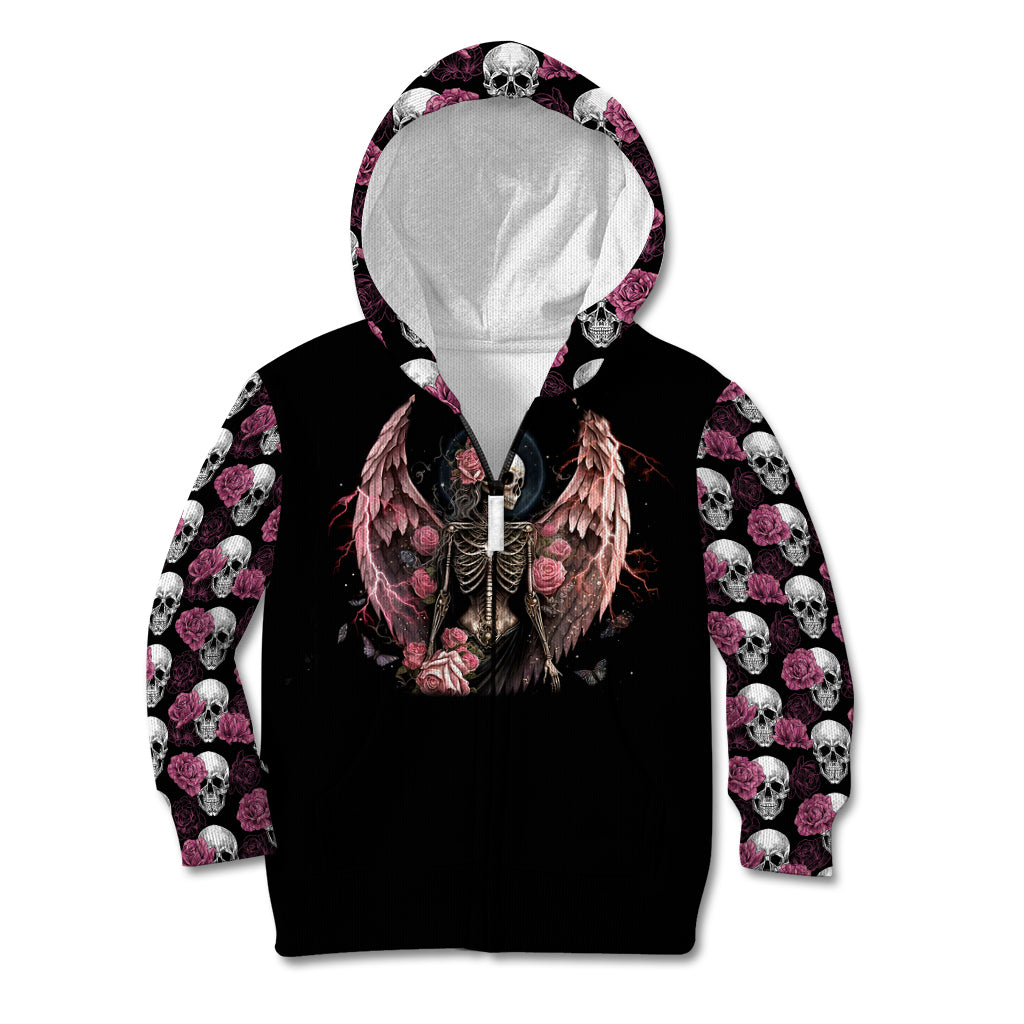 Black kid zip hoodie with hood up, angel skull chest graphic, pink rose-and-skull sleeve print.
