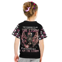Black kids T-shirt with angel skull wing graphic, roses, and 'I am the storm' text