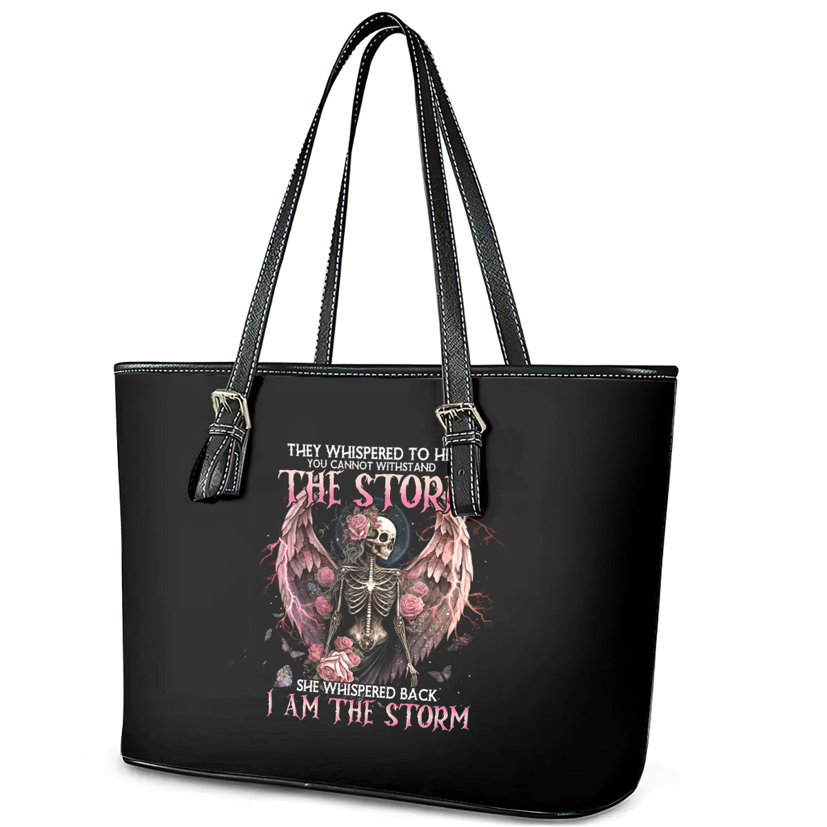 Angel Skull Leather Tote Bag She Whispered Back Iam The Storm - Wonder Print Shop