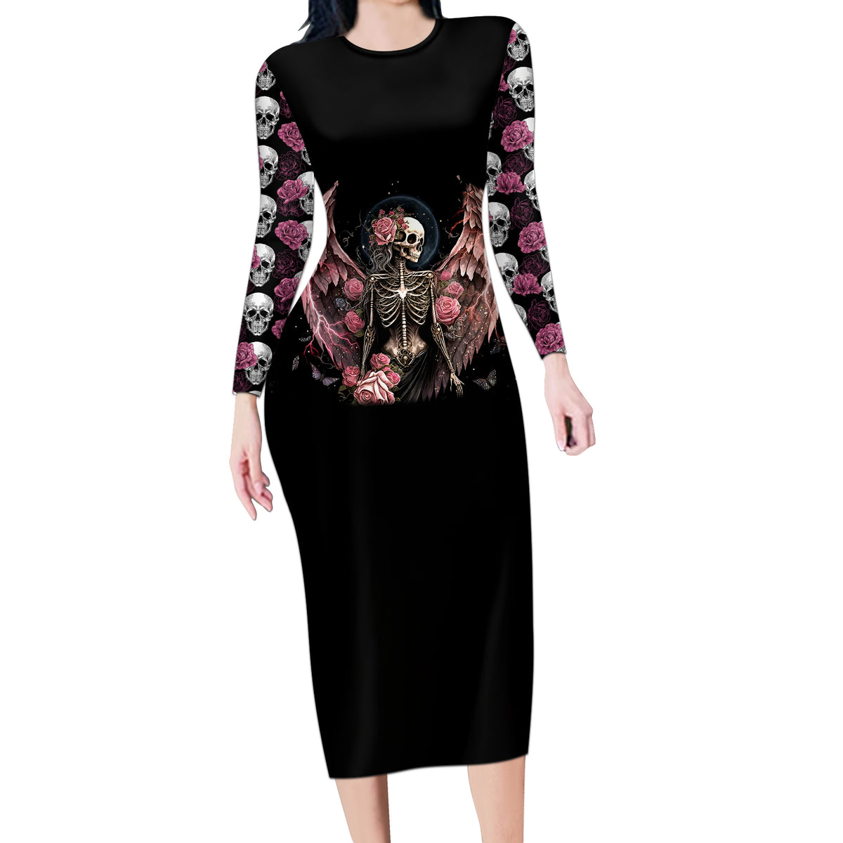 Angel Skull Long Sleeve Bodycon Dress She Whispered Back Iam The Storm - Wonder Print Shop