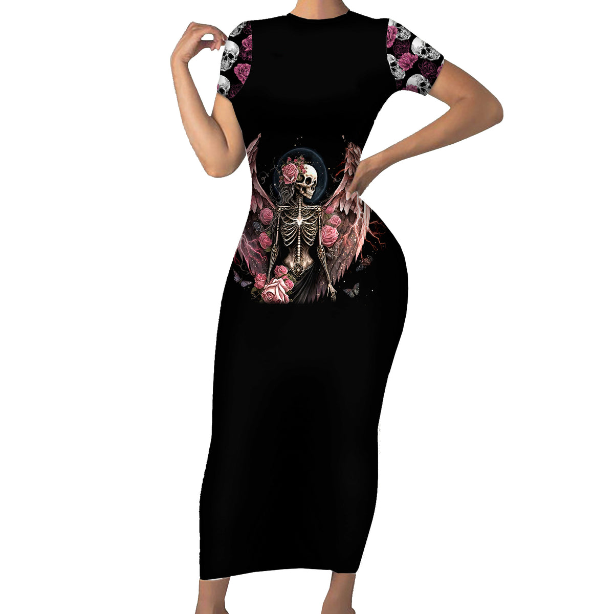 Angel Skull Short Sleeve Bodycon Dress She Whispered Back Iam The Storm - Wonder Print Shop