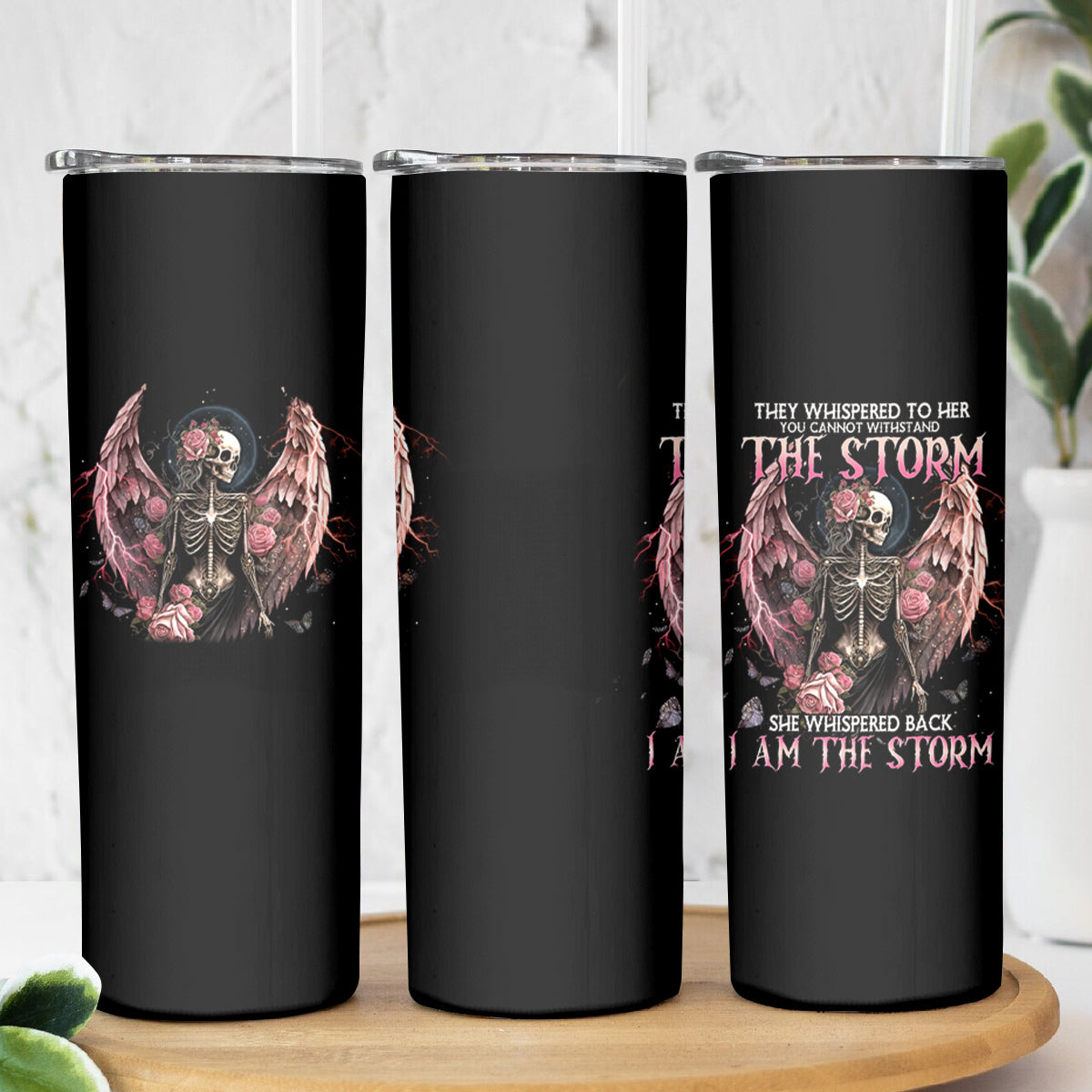 Angel Skull Skinny Tumbler She Whispered Back Iam The Storm - Wonder Print Shop