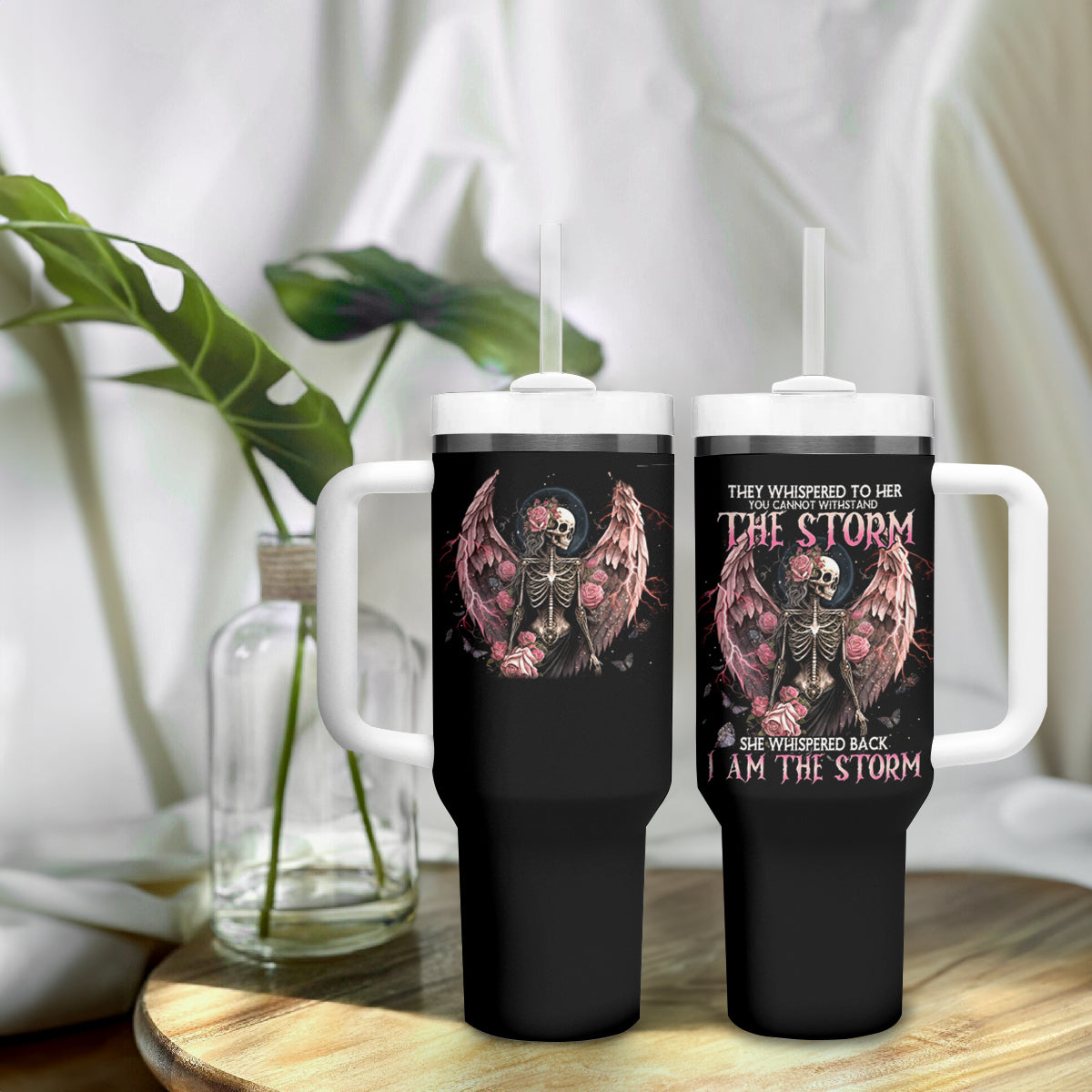 Angel Skull Tumbler With Handle She Whispered Back Iam The Storm - Wonder Print Shop