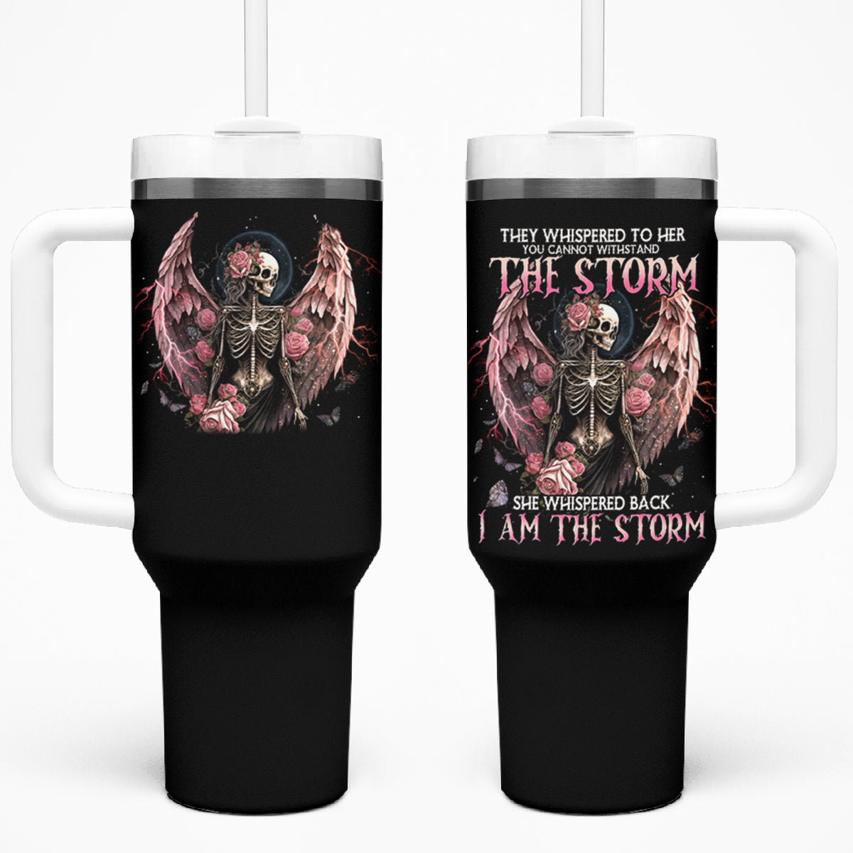 Angel Skull Tumbler With Handle She Whispered Back Iam The Storm - Wonder Print Shop