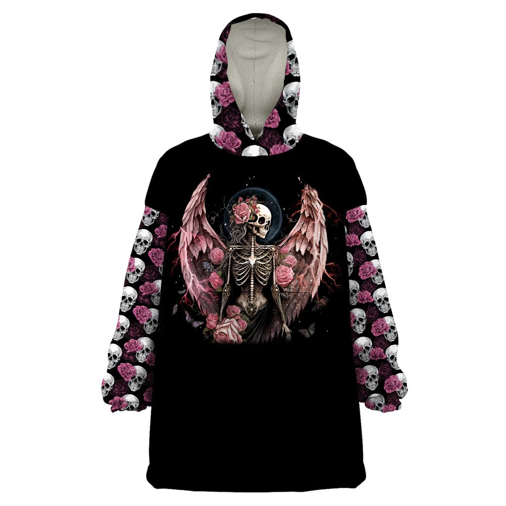 Black wearable blanket hoodie with hood and front angel-skeleton wing skull print