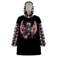 Black wearable blanket hoodie with hood and front angel-skeleton wing skull print