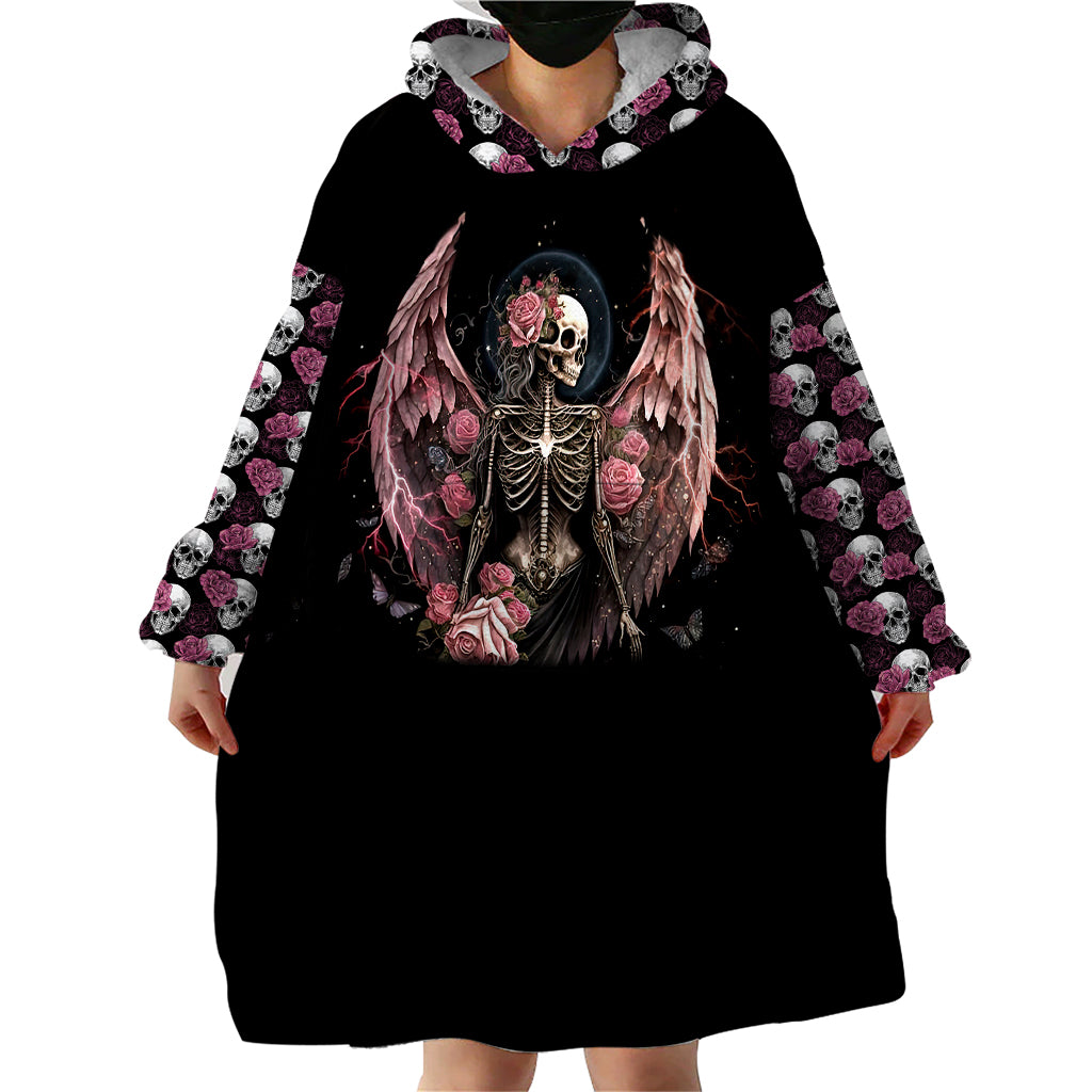 Black wearable blanket hoodie dress with hood and center angel-skeleton wing skull print