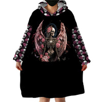 Black wearable blanket hoodie dress with hood and center angel-skeleton wing skull print