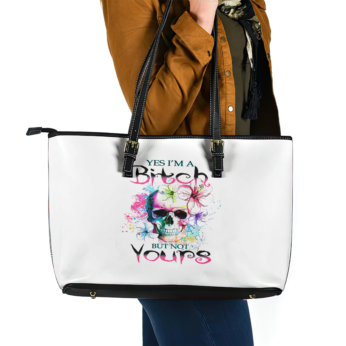 Watercolor Skull Leather Tote Bag Yes I'm Bitch But Not Your - Wonder Print Shop