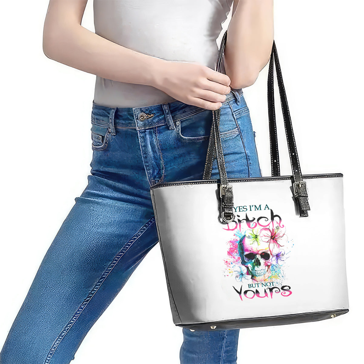 Watercolor Skull Leather Tote Bag Yes I'm Bitch But Not Your - Wonder Print Shop