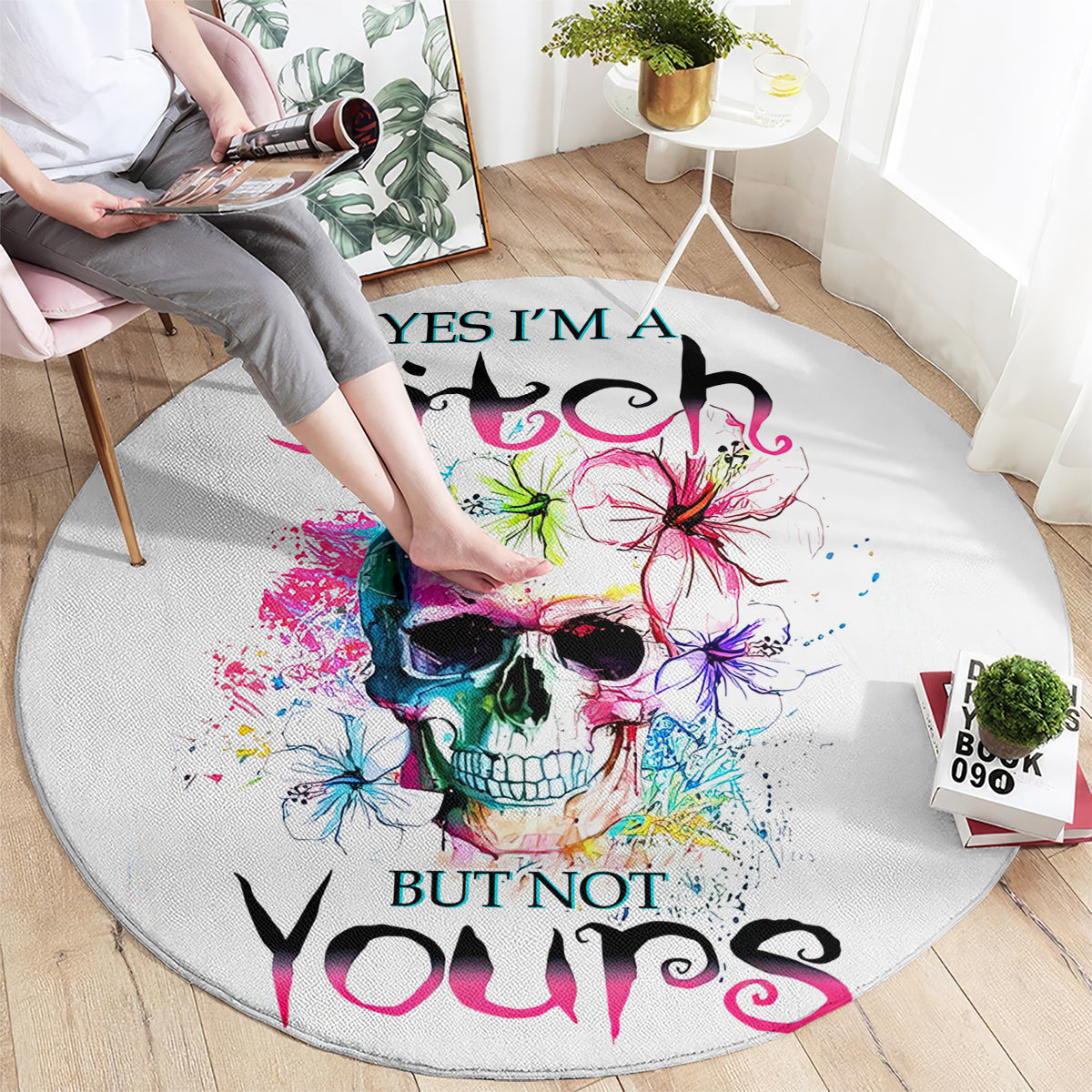 watercolor-skull-round-carpet-yes-im-bitch-but-not-your