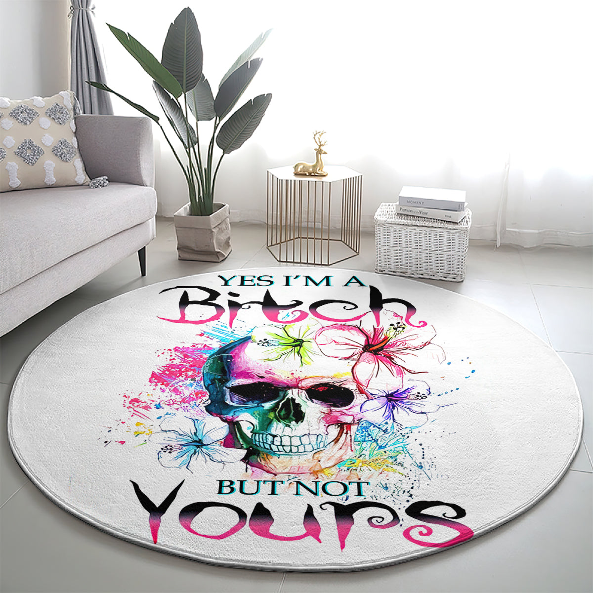 watercolor-skull-round-carpet-yes-im-bitch-but-not-your