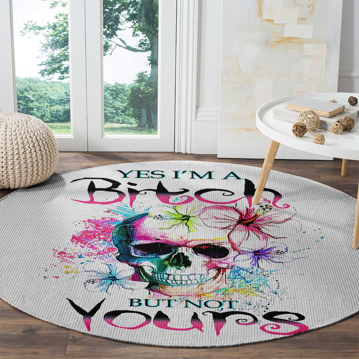 watercolor-skull-round-carpet-yes-im-bitch-but-not-your