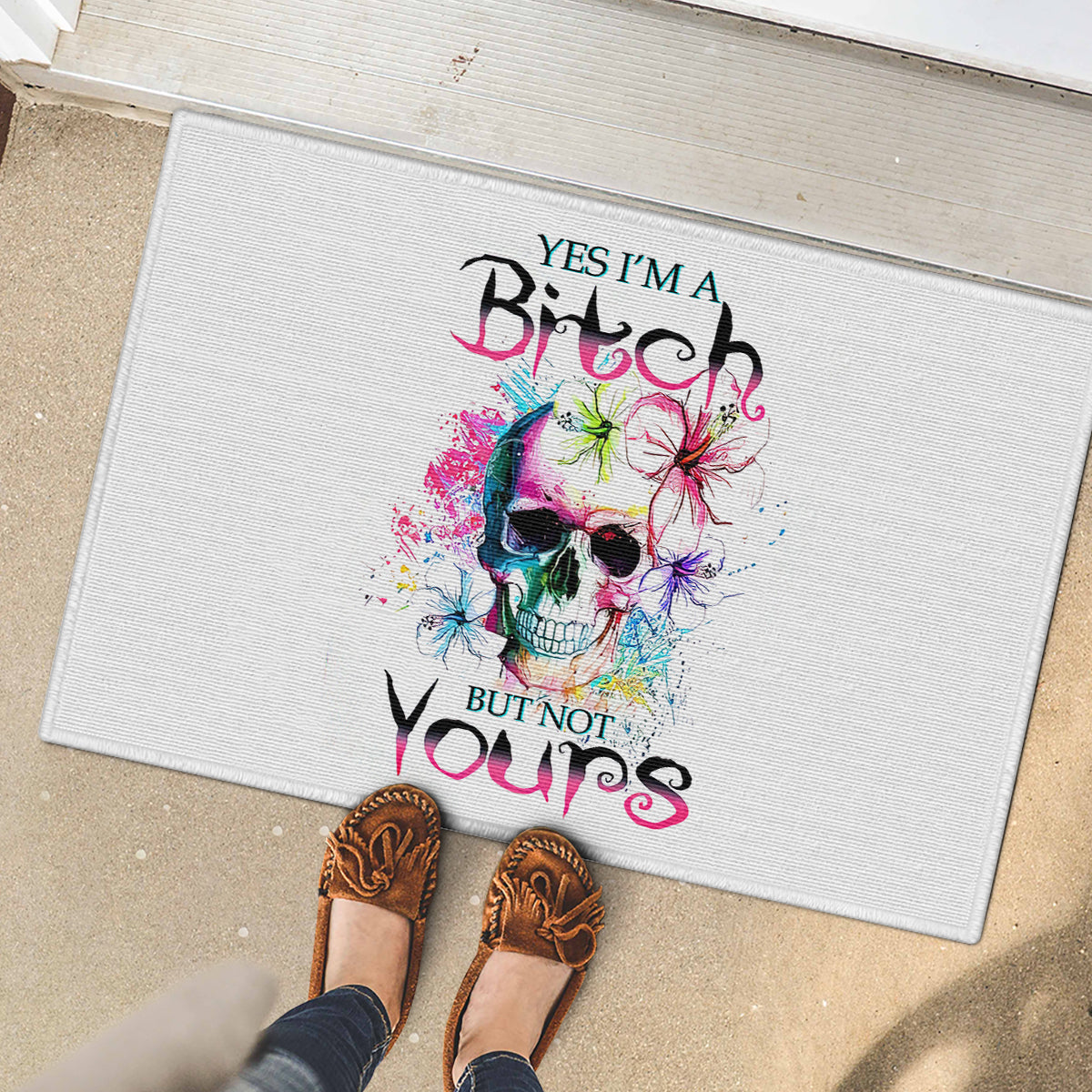 Watercolor Skull Rubber Doormat Yes I'm Bitch But Not Your - Wonder Print Shop