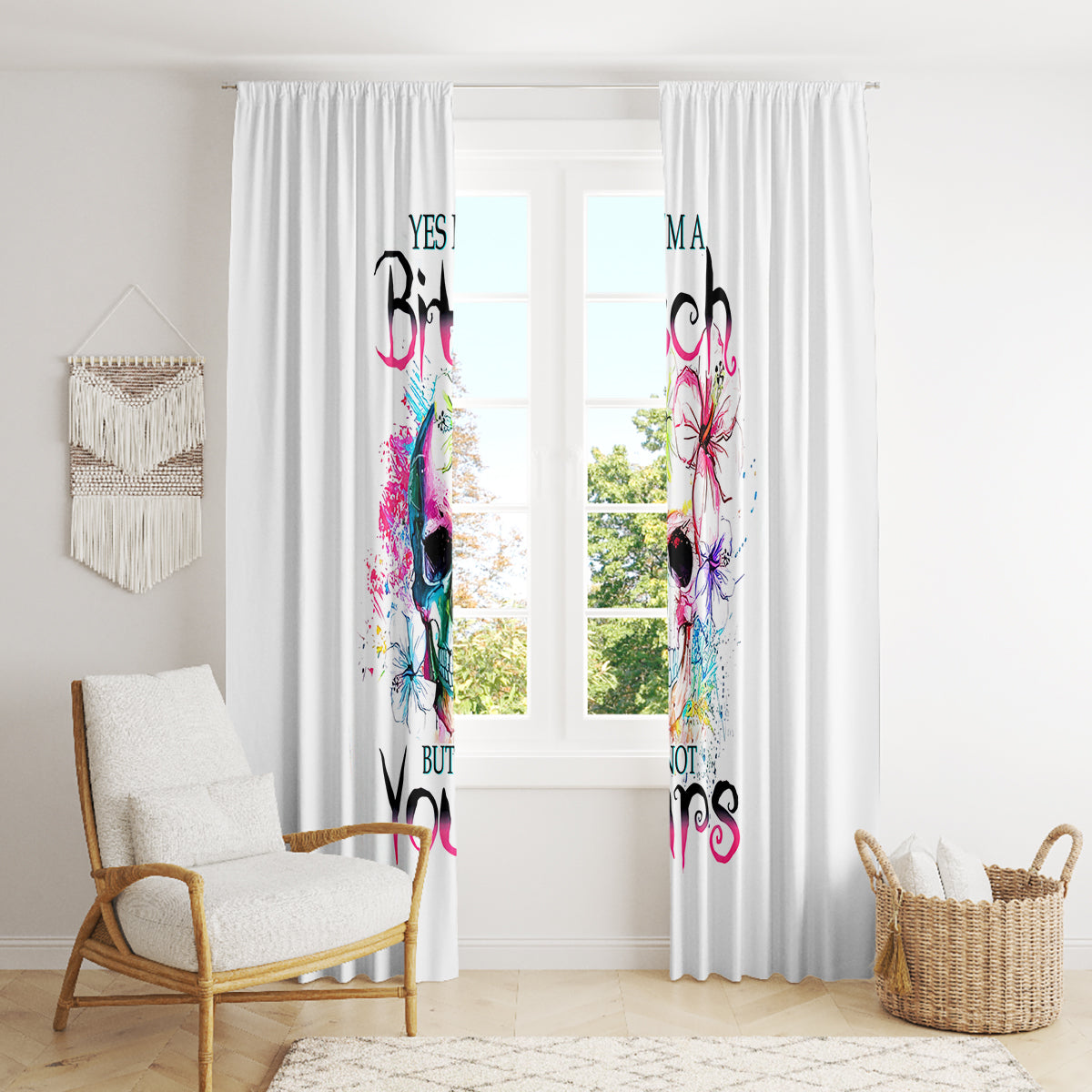 Watercolor Skull Window Curtain Yes I'm Bitch But Not Your - Wonder Print Shop