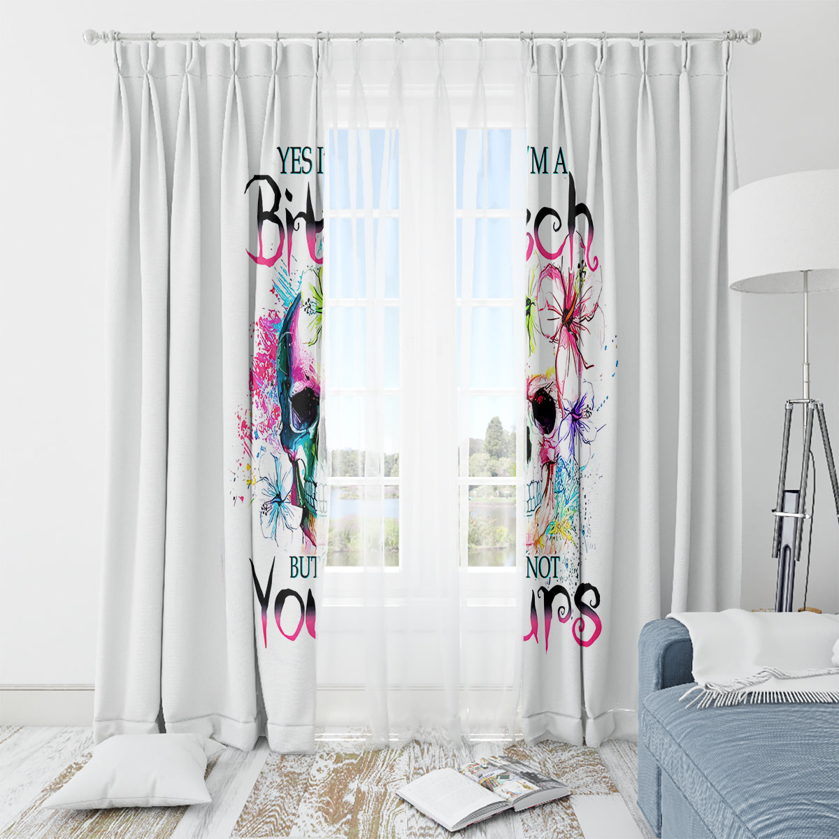Watercolor Skull Window Curtain Yes I'm Bitch But Not Your - Wonder Print Shop