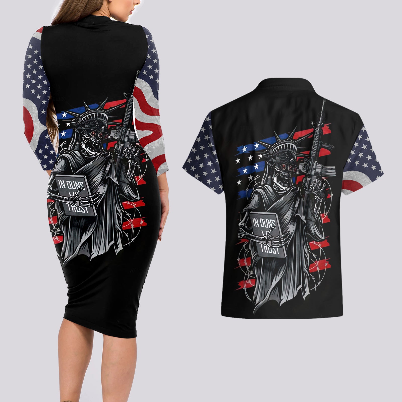 American Skull Couples Matching Long Sleeve Bodycon Dress and Hawaiian Shirt In Gun We Trust - Wonder Print Shop