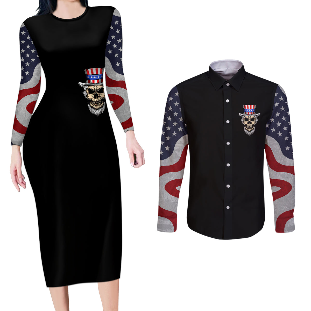 American Skull Couples Matching Long Sleeve Bodycon Dress and Long Sleeve Button Shirts In Gun We Trust - Wonder Print Shop