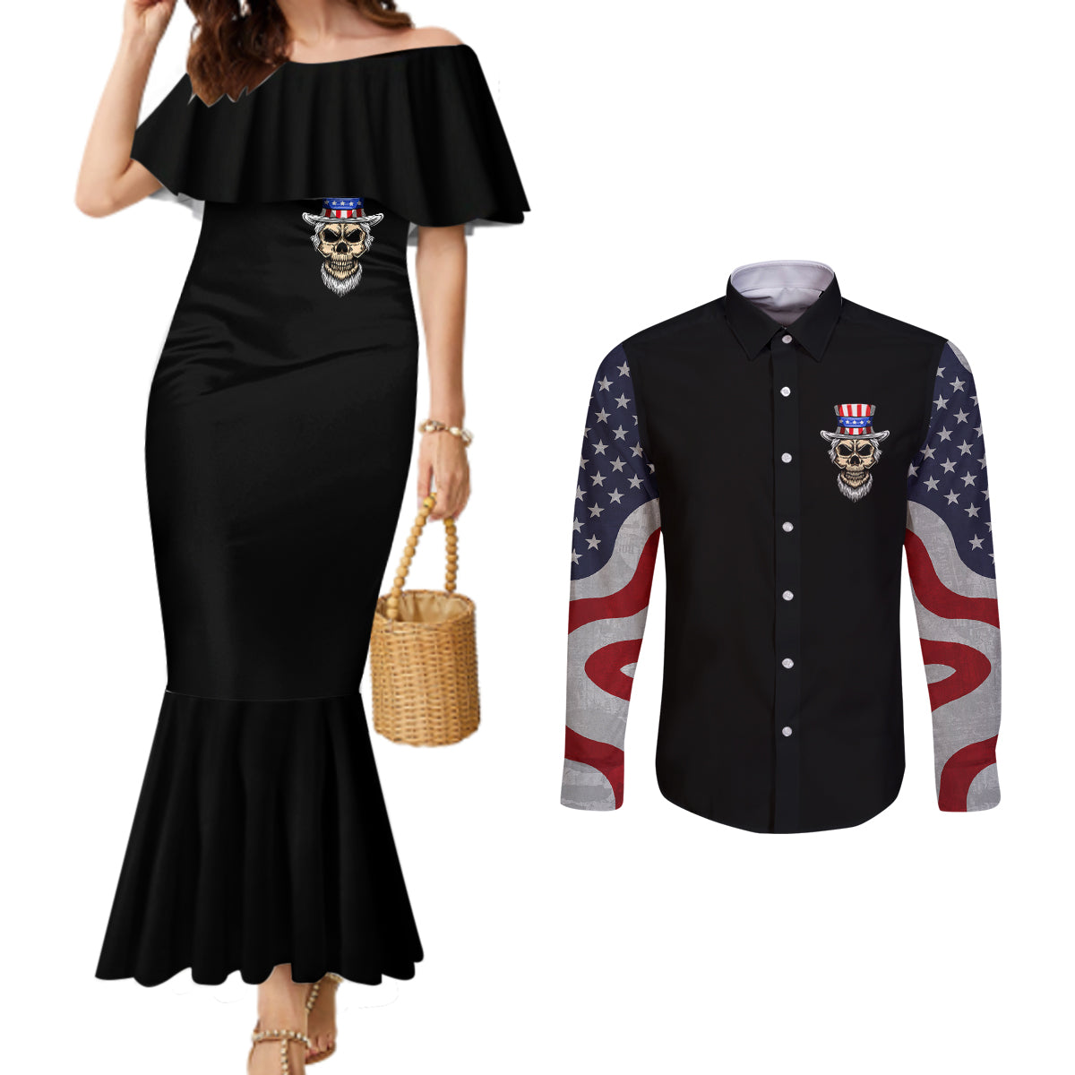american-skull-couples-matching-mermaid-dress-and-long-sleeve-button-shirts-in-gun-we-trust