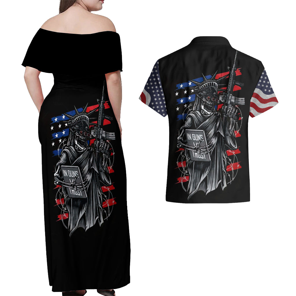 American Skull Couples Matching Off Shoulder Maxi Dress and Hawaiian Shirt In Gun We Trust - Wonder Print Shop
