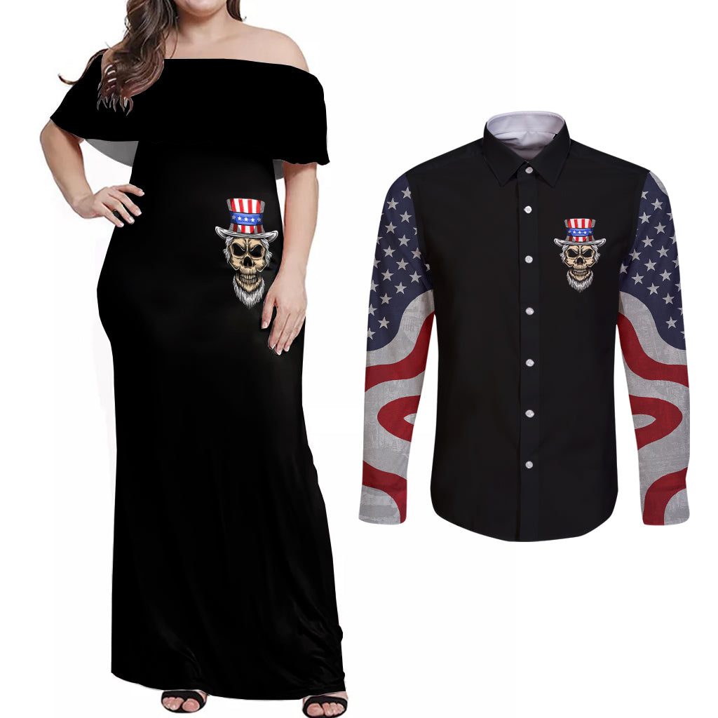 American Skull Couples Matching Off Shoulder Maxi Dress and Long Sleeve Button Shirts In Gun We Trust - Wonder Print Shop