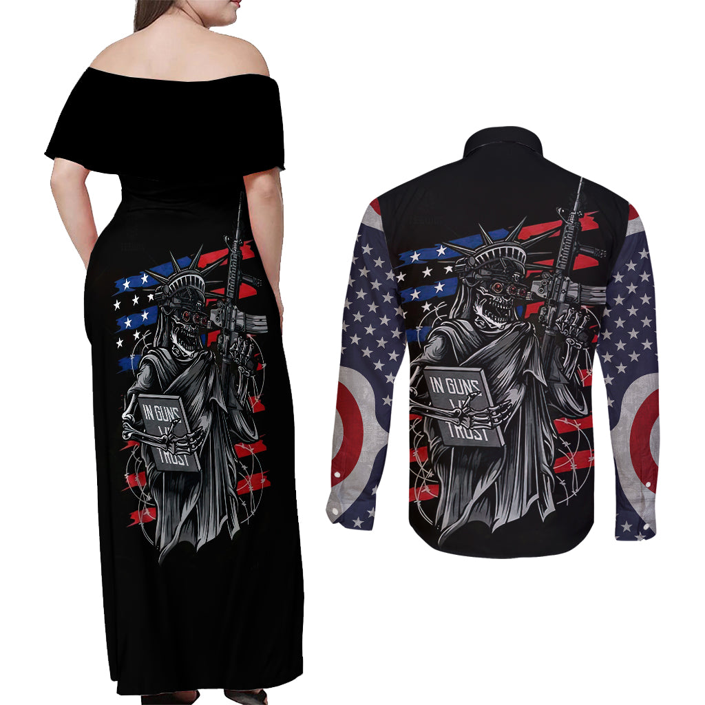 American Skull Couples Matching Off Shoulder Maxi Dress and Long Sleeve Button Shirts In Gun We Trust - Wonder Print Shop