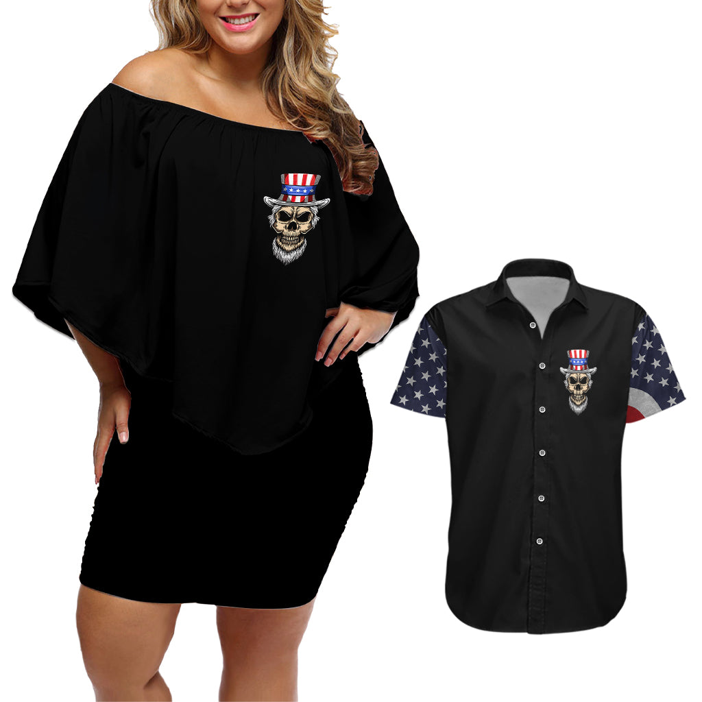 American Skull Couples Matching Off Shoulder Short Dress and Hawaiian Shirt In Gun We Trust - Wonder Print Shop