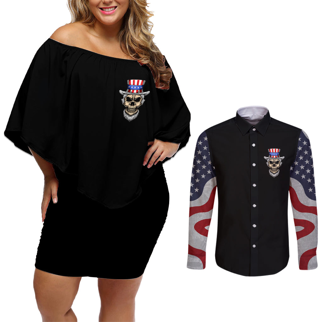 American Skull Couples Matching Off Shoulder Short Dress and Long Sleeve Button Shirts In Gun We Trust - Wonder Print Shop