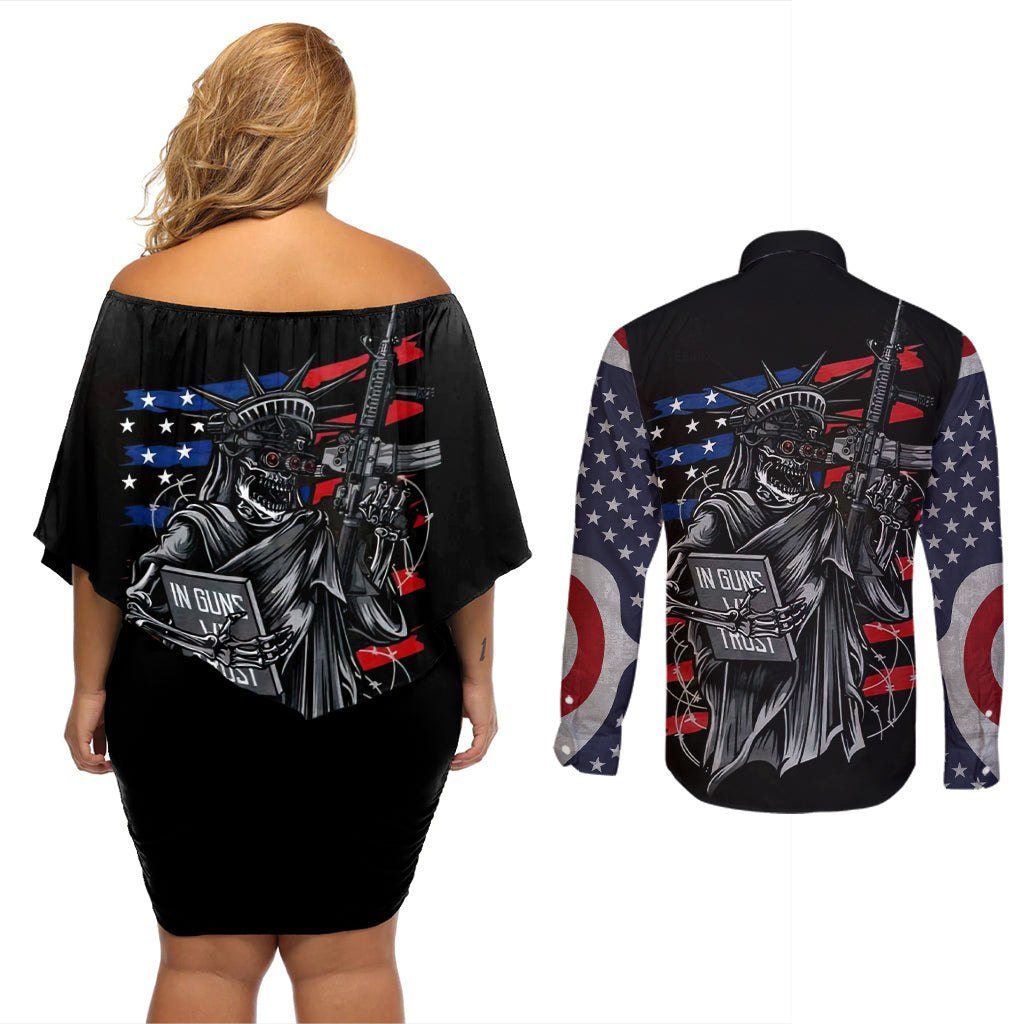 American Skull Couples Matching Off Shoulder Short Dress and Long Sleeve Button Shirts In Gun We Trust - Wonder Print Shop