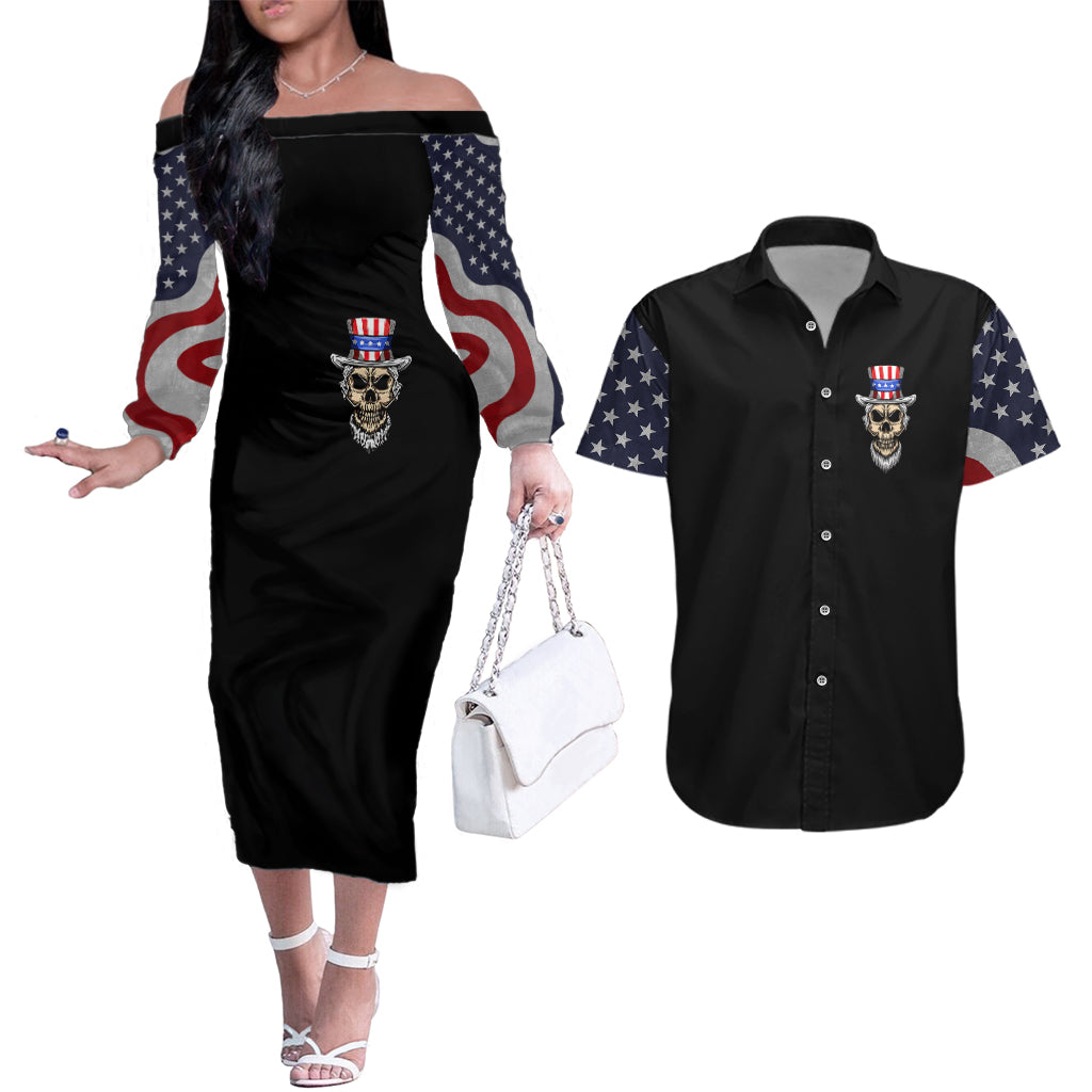 American Skull Couples Matching Off The Shoulder Long Sleeve Dress and Hawaiian Shirt In Gun We Trust - Wonder Print Shop