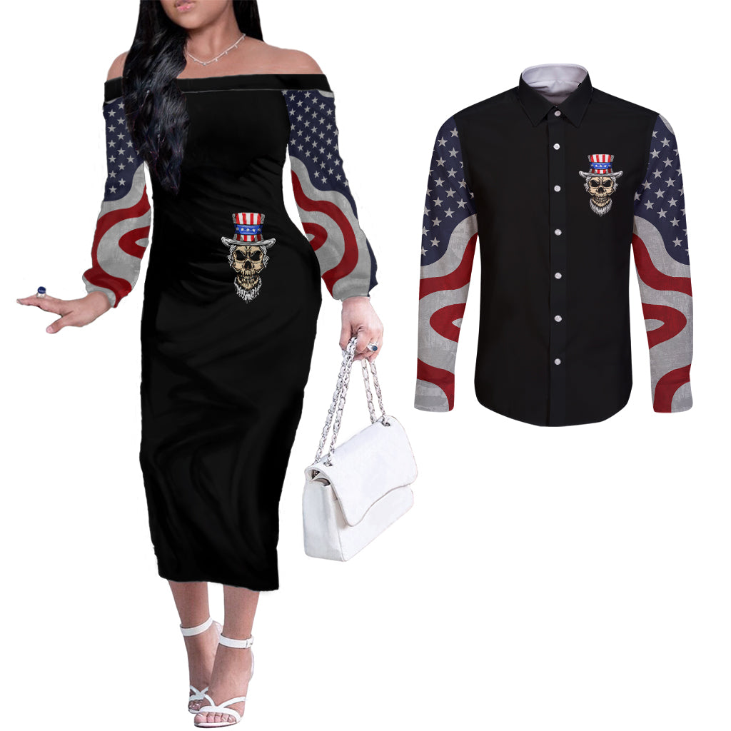 american-skull-couples-matching-off-the-shoulder-long-sleeve-dress-and-long-sleeve-button-shirts-in-gun-we-trust