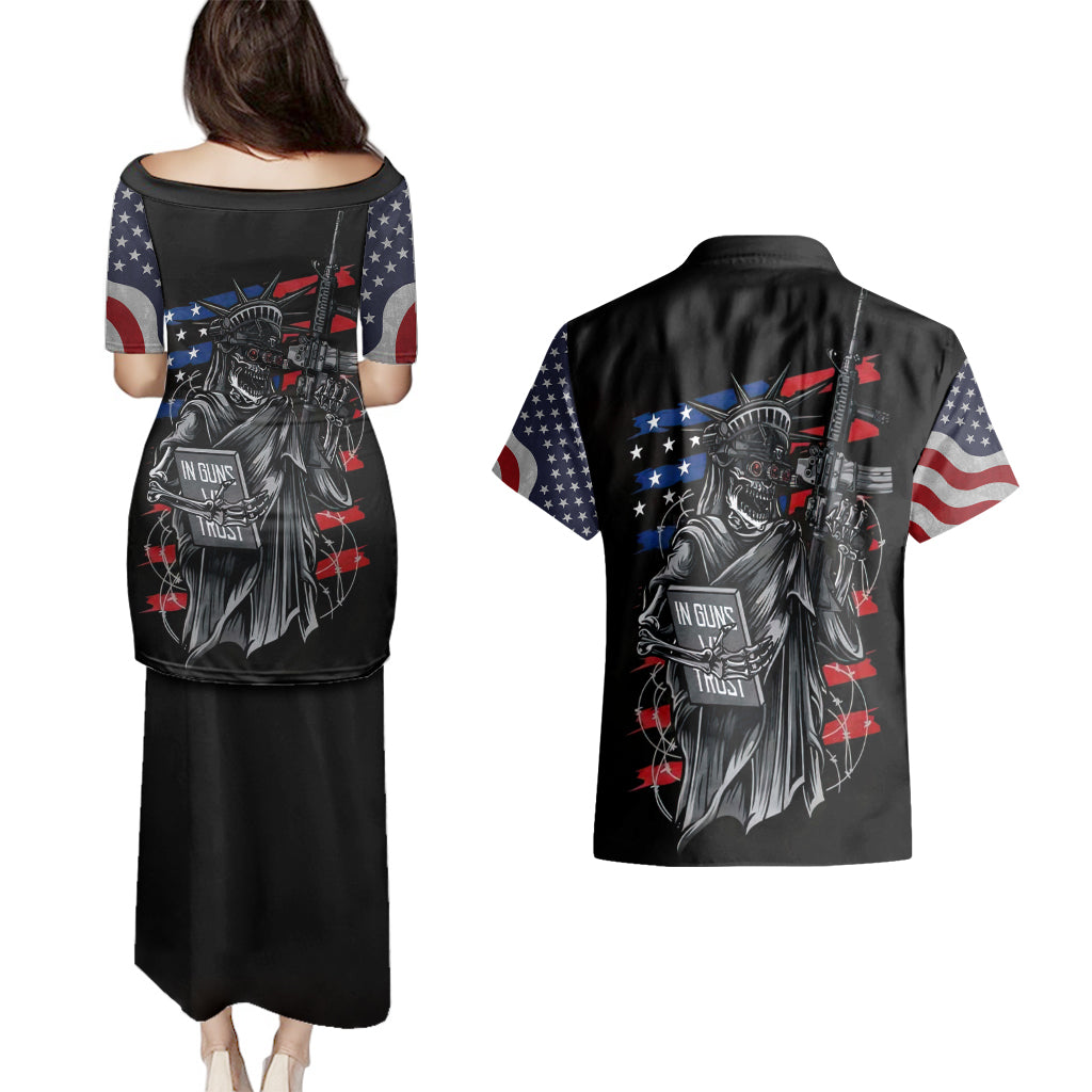 American Skull Couples Matching Puletasi Dress and Hawaiian Shirt In Gun We Trust - Wonder Print Shop