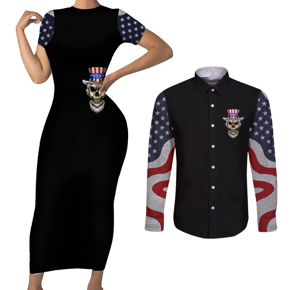 American Skull Couples Matching Short Sleeve Bodycon Dress and Long Sleeve Button Shirts In Gun We Trust - Wonder Print Shop