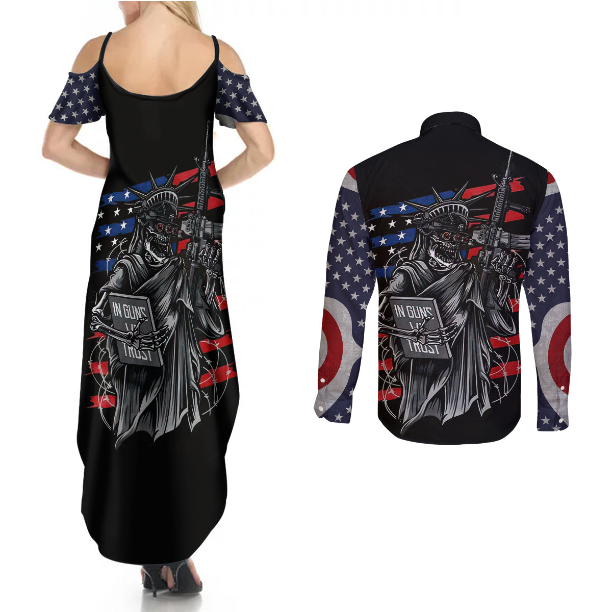 American Skull Couples Matching Summer Maxi Dress and Long Sleeve Button Shirts In Gun We Trust - Wonder Print Shop
