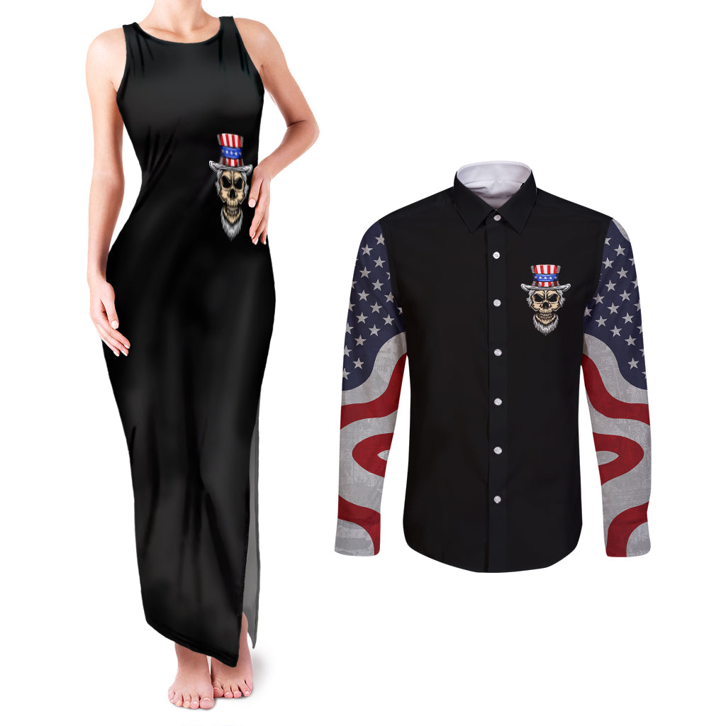 American Skull Couples Matching Tank Maxi Dress and Long Sleeve Button Shirts In Gun We Trust - Wonder Print Shop