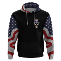 Black pullover hoodie with American flag sleeve panels; small skull emblem on chest