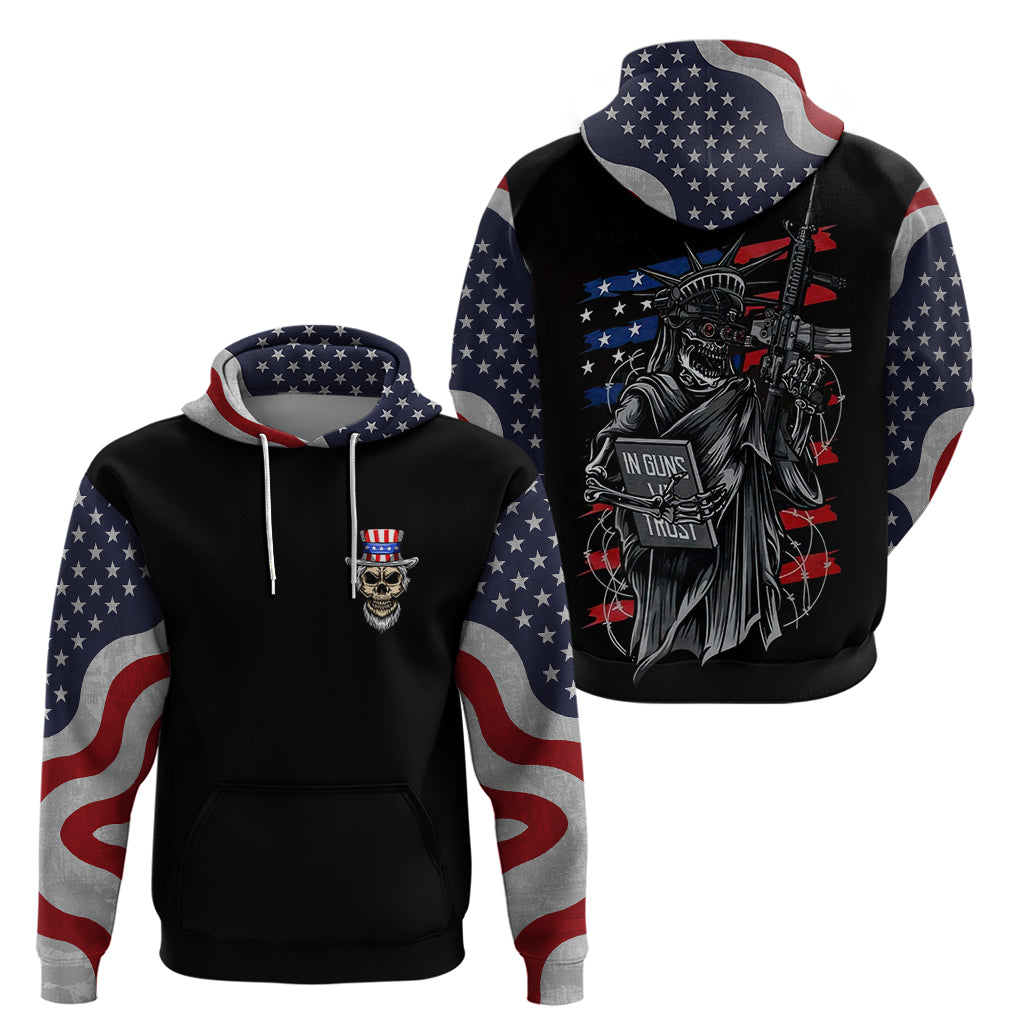 Black pullover hoodie with American flag sleeve panels and hood; skull chest graphic