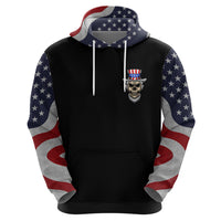 Black hoodie with American flag hood and full flag-pattern sleeves; skull emblem detail