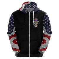Black zip hoodie with American flag hood and sleeves; skull emblem detail on back