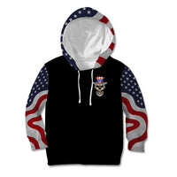 Black pullover hoodie with American flag hood and sleeves, small chest skull graphic