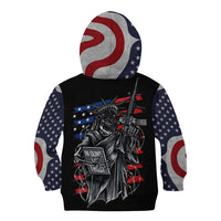 Black pullover hoodie with American flag hood and sleeves, large back skull-and-guns print