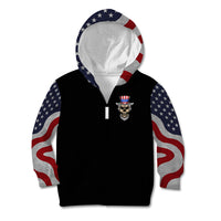 Black pullover hoodie with American flag hood and sleeves, small chest skull logo