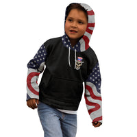 Black pullover hoodie with American flag sleeves and front skull logo, worn by child