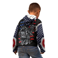 Black pullover hoodie with American flag sleeves, large back skull-and-guns graphic